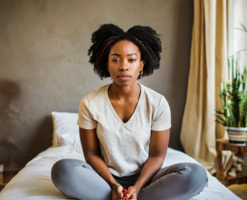 A woman is sitting on the bed in a meditative position. She has a bored look on her face.